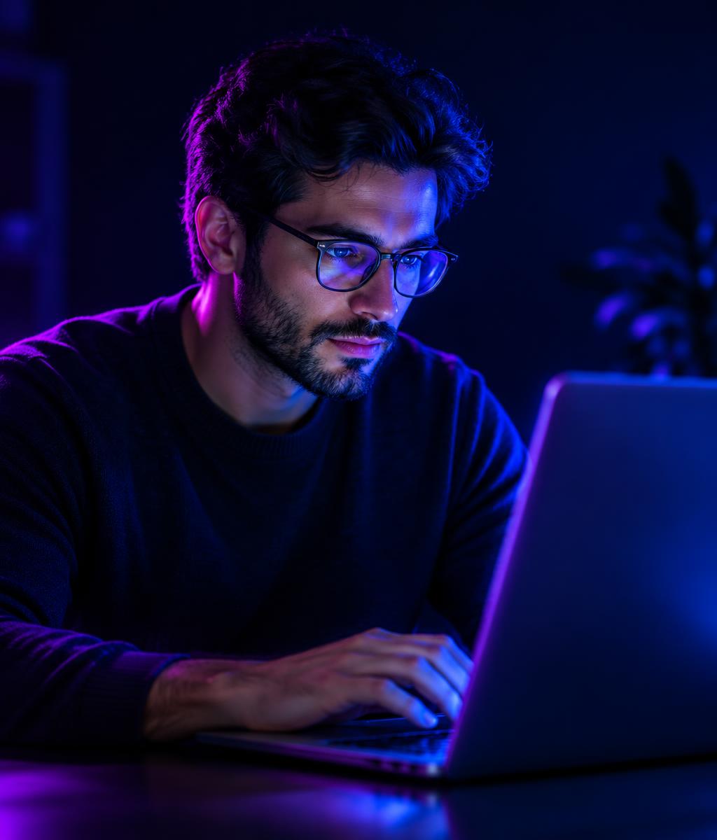 Apprenant NEXA travaillant sur un ordinateur portable, éclairé de lumières bleues et violettes